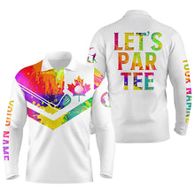 Load image into Gallery viewer, Mens golf polo shirt watercolor Canadian flag patriot golf custom name Let’s Par Tee white golf shirt NQS5425