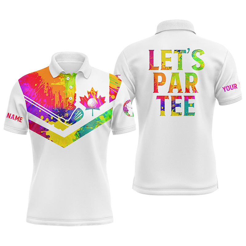 Mens golf polo shirt watercolor Canadian flag patriot golf custom name Let’s Par Tee white golf shirt NQS5425
