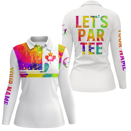 Womens golf polo shirts watercolor Canadian flag patriot custom name Let’s Par Tee white golf shirt NQS5428