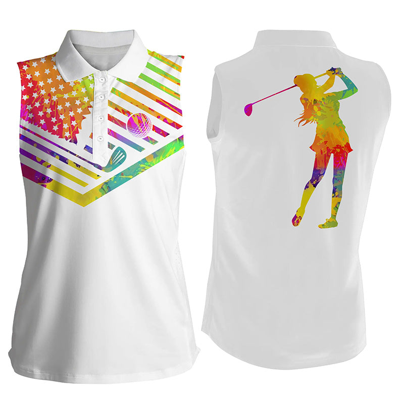 Women's sleeveless golf polo shirt watercolor American flag swing swear repeat white golf shirt NQS3446