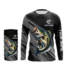 Load image into Gallery viewer, Personalized Black camo Largemouth Bass Fishing Jerseys, Bass Long Sleeve Fishing Tournament Shirts NQS8012