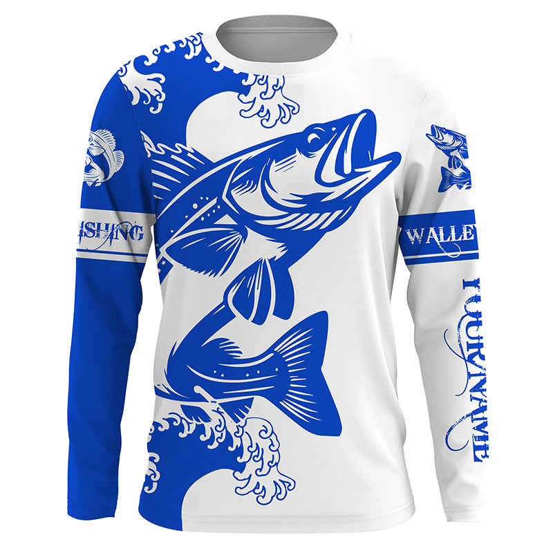 Personalized Walleye fishing tattoo jerseys, Walleye Long Sleeve Fishing tournament shirts | Blue NQS3719