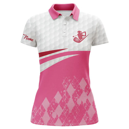 Pink argyle pattern white Womens golf polo shirts custom name golf clothes for women, golfing gifts NQS6109