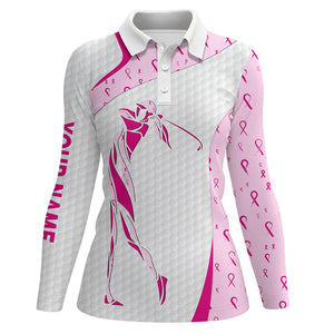 Personalized pink ribbon pattern breast cancer polo shirts for women, custom breast cancer golf shirts NQS8432