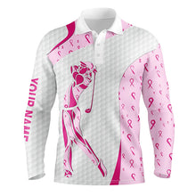 Load image into Gallery viewer, Personalized pink ribbon pattern breast cancer polo shirts for mens, custom breast cancer golf shirts NQS8432