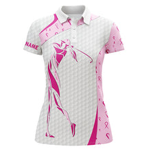 Load image into Gallery viewer, Personalized pink ribbon pattern breast cancer polo shirts for women, custom breast cancer golf shirts NQS8432