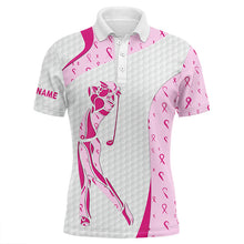 Load image into Gallery viewer, Personalized pink ribbon pattern breast cancer polo shirts for mens, custom breast cancer golf shirts NQS8432