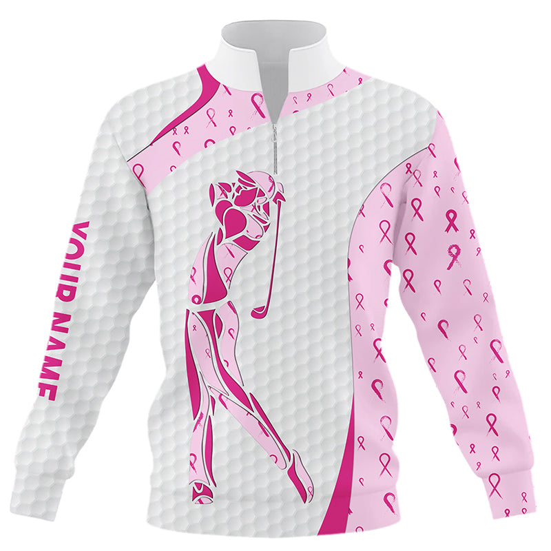 Personalized pink ribbon pattern breast cancer Quarter zip golf sweatshirt, custom golf sweater gifts NQS8432