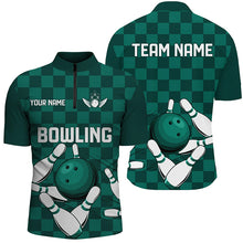 Load image into Gallery viewer, Green checkered Men Bowling Polo, Quarter Zip Shirt Custom team bowling jerseys, mens bowling outfits NQS8436