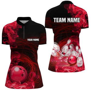 Red Flame Fire Bowling Polo, Quarter Zip Shirt For Women Custom team bowling jersey, Gift for Bowlers NQS8659