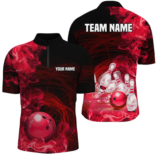 Red Flame Fire Bowling Polo, Quarter Zip Shirt For Men Custom team bowling jerseys, Gift for Bowlers NQS8659