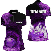 Load image into Gallery viewer, Purple Flame Fire Bowling Polo, 1/4 Zip Shirt For Women Custom team bowling jersey, Gift for Bowlers NQS8662