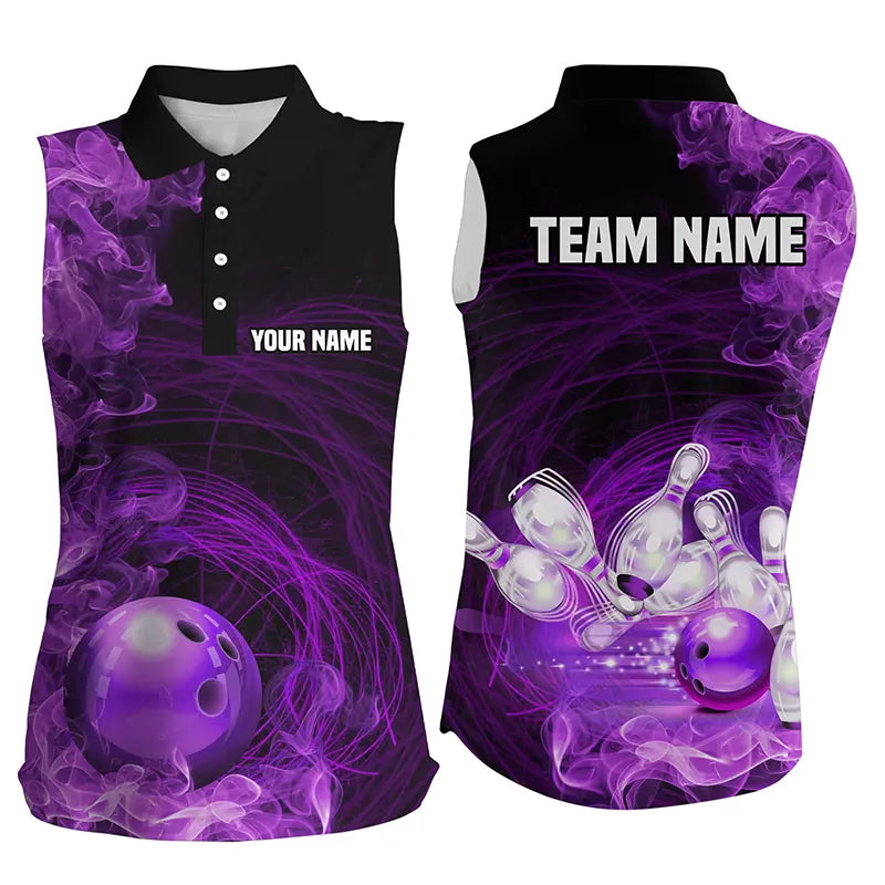 Purple Flame Fire Bowling Sleeveless Polo Shirt For Women Custom team bowling jersey, Gift for Bowlers NQS8662