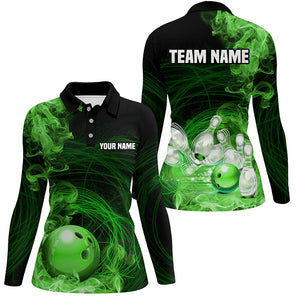 Green Flame Fire Bowling Polo, 1/4 Zip Shirt For Women Custom team bowling jersey, Gift for Bowlers NQS8663