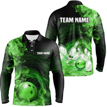 Load image into Gallery viewer, Green Flame Fire Bowling Polo, Quarter Zip Shirt For Men Custom team bowling jersey, Gift for Bowlers NQS8663