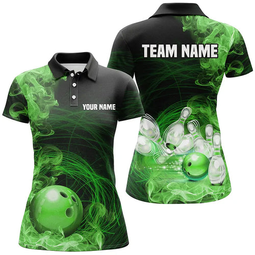 Green Flame Fire Bowling Polo, 1/4 Zip Shirt For Women Custom team bowling jersey, Gift for Bowlers NQS8663