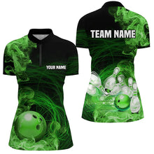 Load image into Gallery viewer, Green Flame Fire Bowling Polo, 1/4 Zip Shirt For Women Custom team bowling jersey, Gift for Bowlers NQS8663