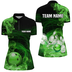 Green Flame Fire Bowling Polo, 1/4 Zip Shirt For Women Custom team bowling jersey, Gift for Bowlers NQS8663