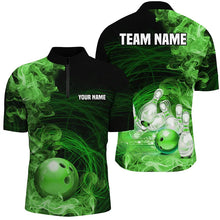 Load image into Gallery viewer, Green Flame Fire Bowling Polo, Quarter Zip Shirt For Men Custom team bowling jersey, Gift for Bowlers NQS8663