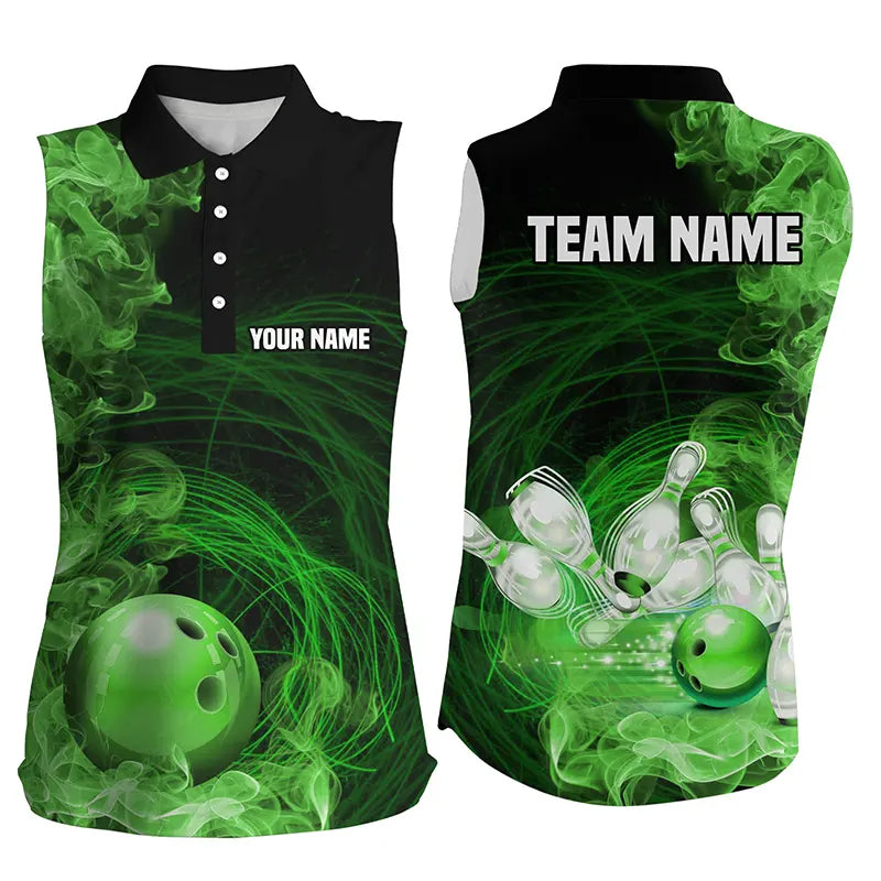 Green Flame Fire Bowling Sleeveless Polo Shirt For Women Custom team bowling jersey, Gift for Bowlers NQS8663