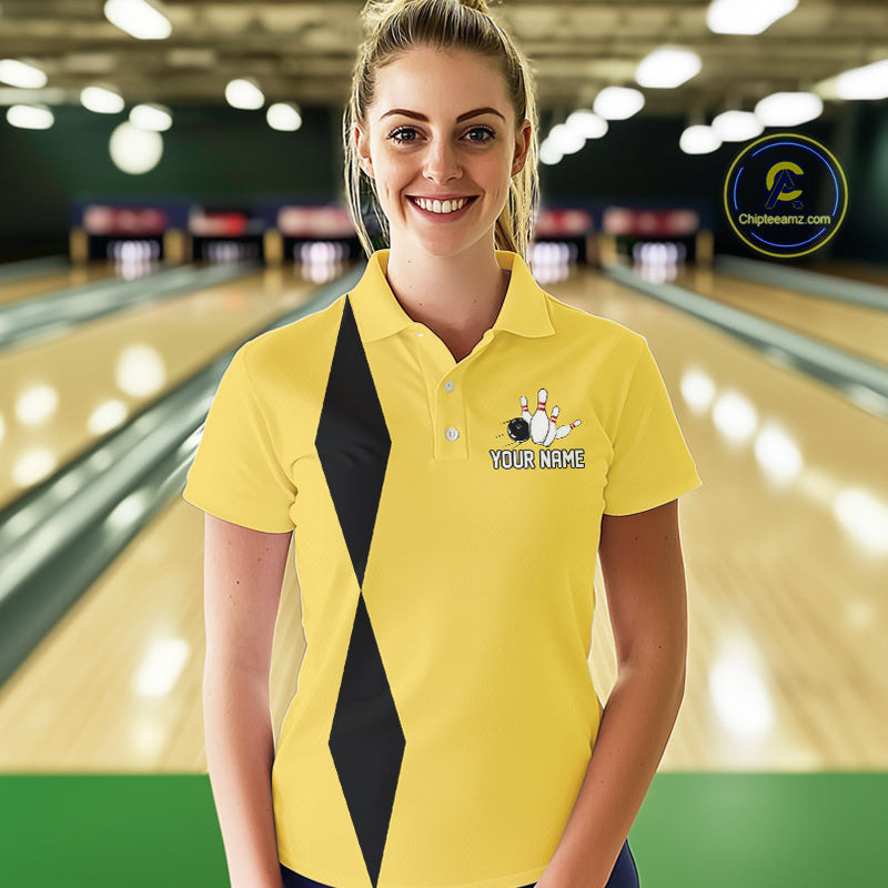 Personalized Retro Bowling Polo, 1/4 Zip Shirt For Women custom vintage bowling team jersey | Yellow NQS11013