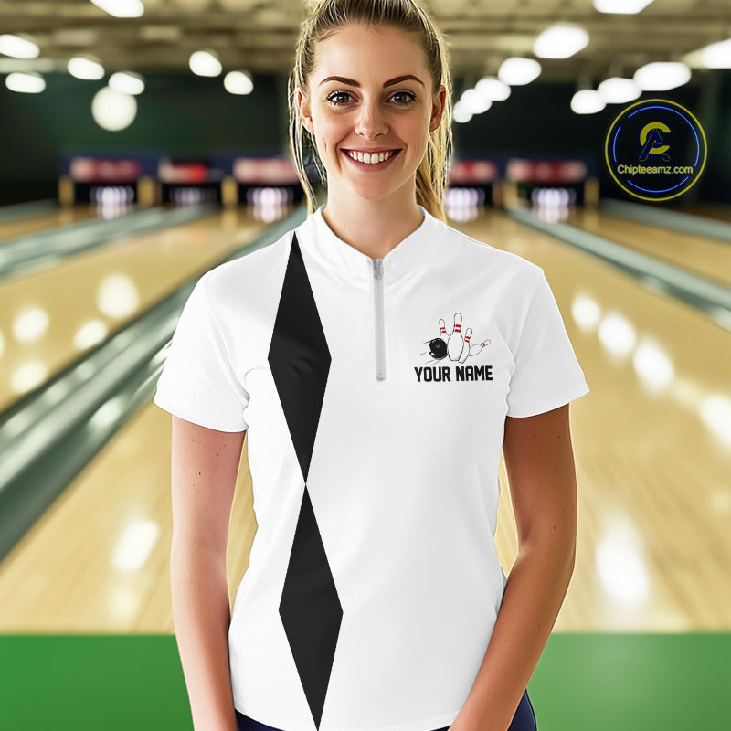 Personalized Retro Bowling Polo, 1/4 Zip Shirt For Women custom vintage bowling team jersey | White NQS11014