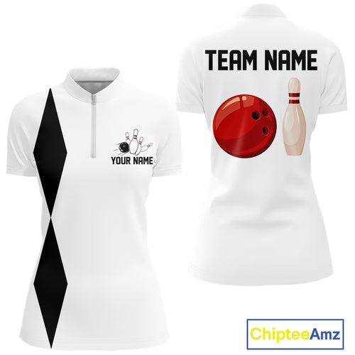 Personalized Retro Bowling Polo, 1/4 Zip Shirt For Women custom vintage bowling team jersey | White NQS11014