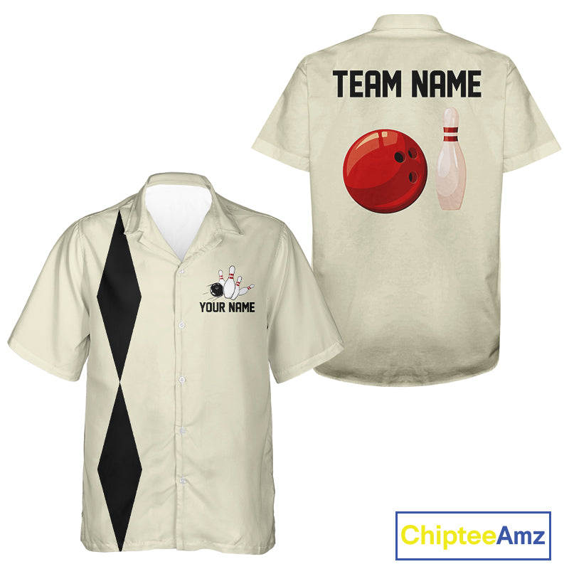 Personalized Retro Bowling Hawaiian shirts Custom vintage Team button up shirts | Beige NQS11015