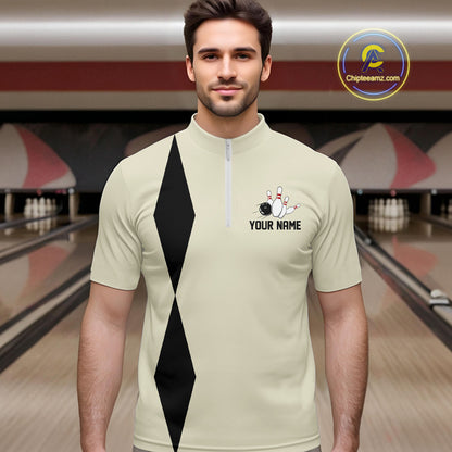 Personalized Retro Bowling Polo, 1/4 Zip Shirts For Men custom vintage bowling team jersey | Beige NQS11015