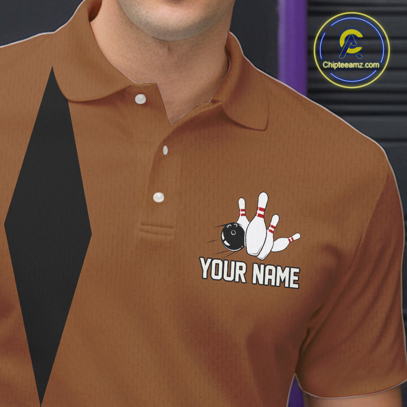 Personalized Retro Bowling Polo, 1/4 Zip Shirts For Men custom vintage bowling team jersey | Brown NQS11016