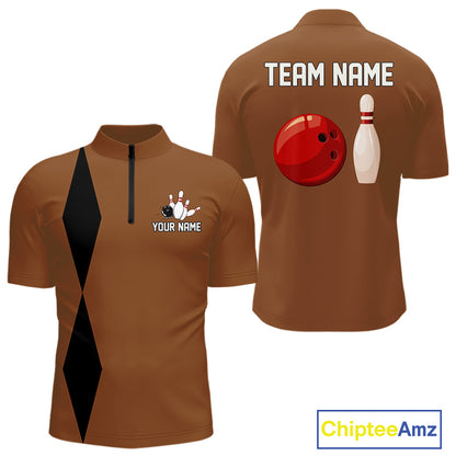 Personalized Retro Bowling Polo, 1/4 Zip Shirts For Men custom vintage bowling team jersey | Brown NQS11016