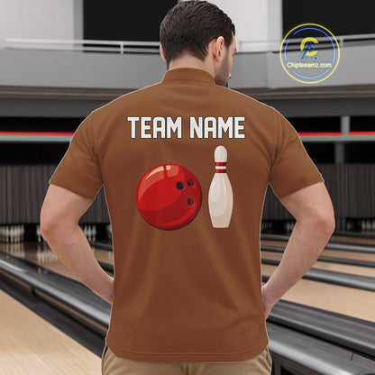 Personalized Retro Bowling Polo, 1/4 Zip Shirts For Men custom vintage bowling team jersey | Brown NQS11016