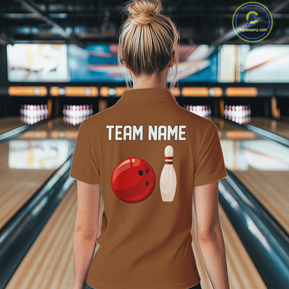 Personalized Retro Bowling Polo, 1/4 Zip Shirt For Women custom vintage bowling team jersey | Brown NQS11016