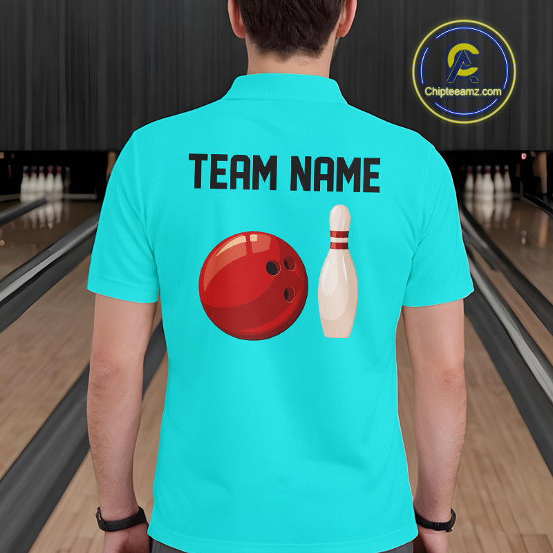 Personalized Retro Bowling Polo, 1/4 Zip Shirt For Men custom vintage bowling team jersey | Cyan Blue NQS11017