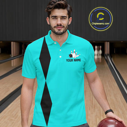 Personalized Retro Bowling Polo, 1/4 Zip Shirt For Men custom vintage bowling team jersey | Cyan Blue NQS11017