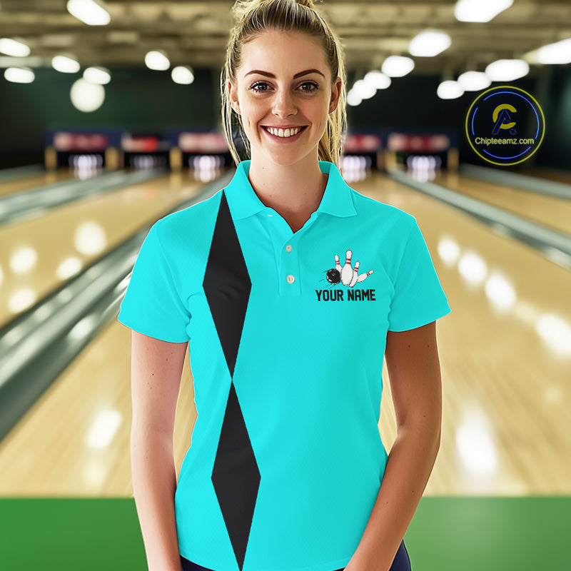 Personalized Retro Women Bowling Polo, 1/4 Zip Shirts custom vintage bowling team jersey | Cyan Blue NQS11017