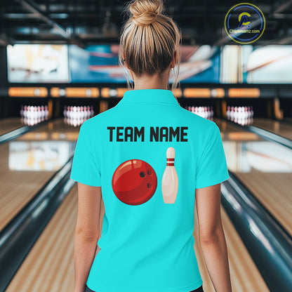 Personalized Retro Women Bowling Polo, 1/4 Zip Shirts custom vintage bowling team jersey | Cyan Blue NQS11017