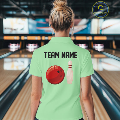 Personalized Retro Women Bowling Polo, 1/4 Zip Shirts custom vintage bowling team jersey | Mint Green NQS11018