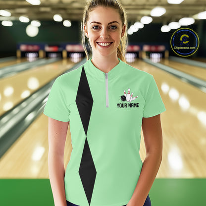 Personalized Retro Women Bowling Polo, 1/4 Zip Shirts custom vintage bowling team jersey | Mint Green NQS11018