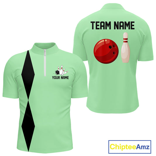 Personalized Retro Bowling Polo, 1/4 Zip Shirt For Men custom vintage bowling team jersey| Mint Green NQS11018