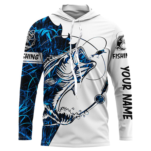 Blue camo Largemouth Bass fishing Custom name Long Sleeve fishing shirts for men, women, Kid NQSD88