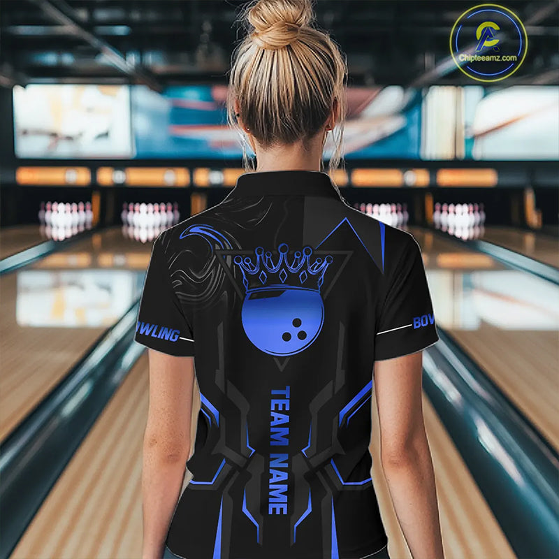 Black and Blue Bowling Polo, Quarter Zip Shirts For Women Custom Bowling Crown Team Jerseys Outfits NQS11221