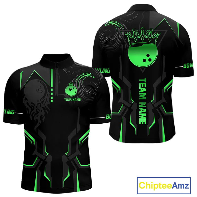 Black and Green Bowling Polo, Quarter Zip Shirts For Men Custom Bowling Crown Team Jerseys Outfits NQS11222