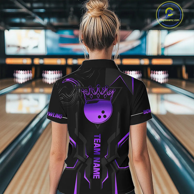 Black and Purple Bowling Polo, Quarter Zip Shirts For Women Custom Bowling Crown Team Jerseys Outfits NQS11223