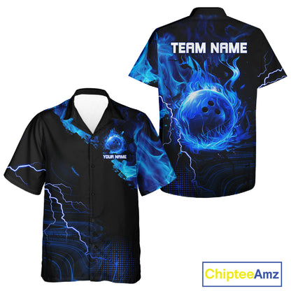 Black & Blue Flame Lightning Thunder Bowling Hawaiian Shirt Custom Bowling Team Jersey, Bowlers Gift NQS11227