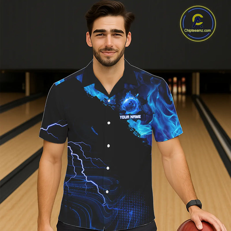 Black & Blue Flame Lightning Thunder Bowling Hawaiian Shirt Custom Bowling Team Jersey, Bowlers Gift NQS11227