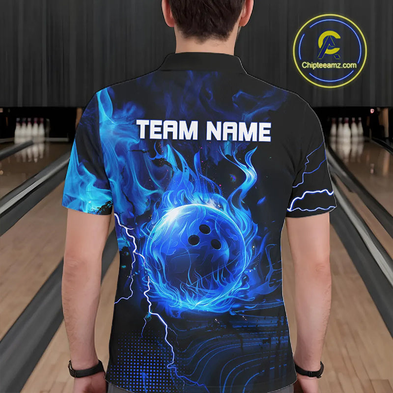 Black & Blue Flame Lightning Thunder Bowling Shirts For Men Custom Bowling Team Jersey, Bowlers Gift NQS11227