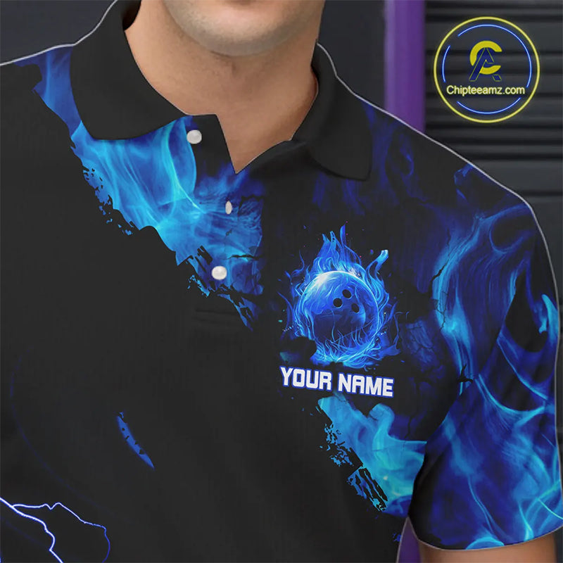 Black & Blue Flame Lightning Thunder Bowling Shirts For Men Custom Bowling Team Jersey, Bowlers Gift NQS11227