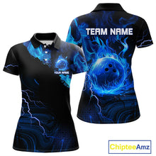 Load image into Gallery viewer, Black &amp; Blue Flame Lightning Thunder Bowling Shirt For Women Custom Bowling Team Jersey, Bowlers Gift NQS11227