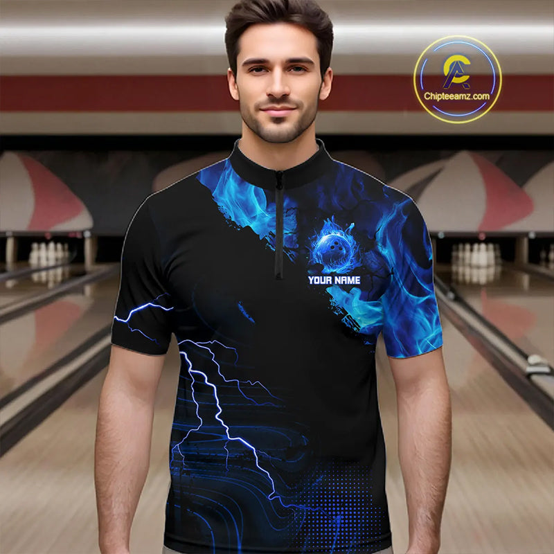 Black & Blue Flame Lightning Thunder Bowling Shirts For Men Custom Bowling Team Jersey, Bowlers Gift NQS11227